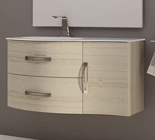 Yellowshop - Mobile bagno sospeso 104 cm vasca sx 2 cassetti curvi 1 anta specchio led (opz.) BEST (Rovere sbiancato, Mobile con lavabo)