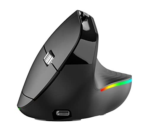 PINKCAT Ergonomico Wireless Mouse, 2.4G Mouse Verticale Wireless, LED ricaricabile silenzioso Mouse, 800/1200/1600 DPI, 6 Pulsanti per PC, Laptop, Mac, Nero